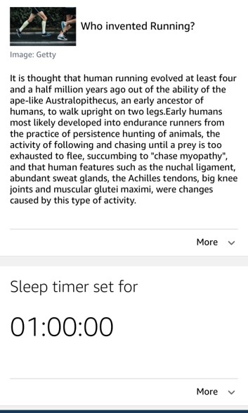 Screenshot of Alexa history answering the question "Who Invented Running" with a detailed explanation of where scientists speculate humans first developed the ability to run