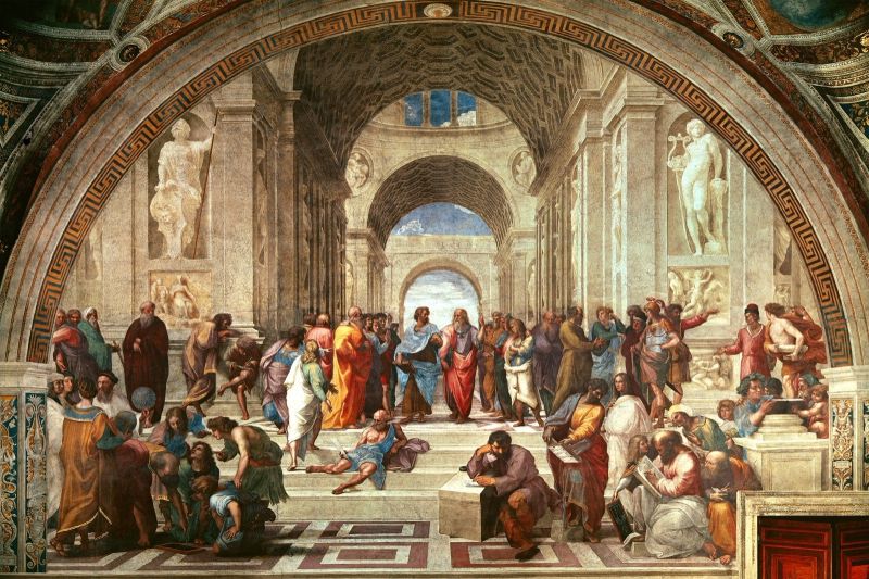 THe SChool of Athens, a fresco that depicts a congregation of ancient philosophers, mathematicians, and scientists, with Plato and Aristotle featured in the center. The identities of most figures are ambiguous or discernable only through subtle details or allusions; among those commonly identified are Socrates, Pythagoras, Archimedes, Heraclitus, Averroes, and Zarathustra. Additionally, Italian artists Leonardo da Vinci and Michelangelo are believed to be portrayed through Plato and Heraclitus, respectively. Raphael included a self-portrait beside Ptolemy. Raphael is the second character who is looking directly at the viewer in the artwork, the first being Hypatia - a woman in the white robe, who stands between Parmenides and Pythagoras.