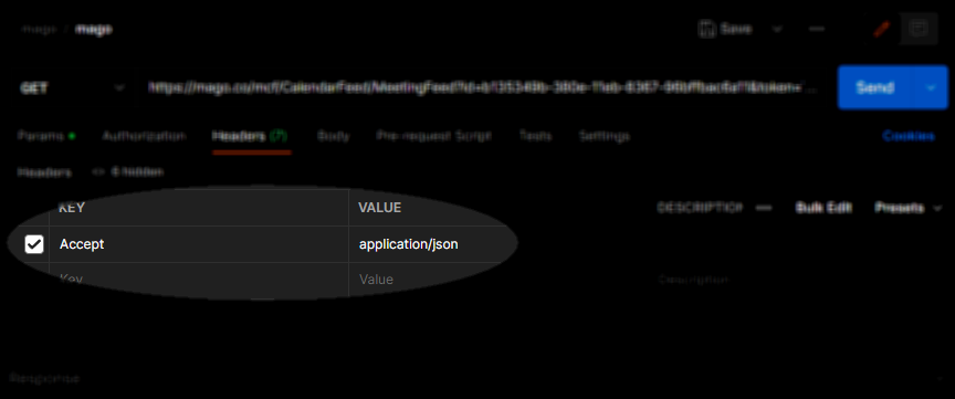 Screenshot of an API testing tool that focuses on the 'Accept' header in the request, with a value of 'application/json'