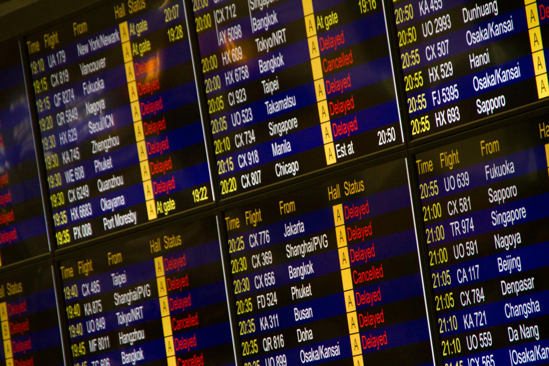 An airport departures board showing the overwhelming majority of flights in a delayed status. Photo credit LT Chan https://www.pexels.com/photo/flight-schedule-screen-turned-on-2833379/