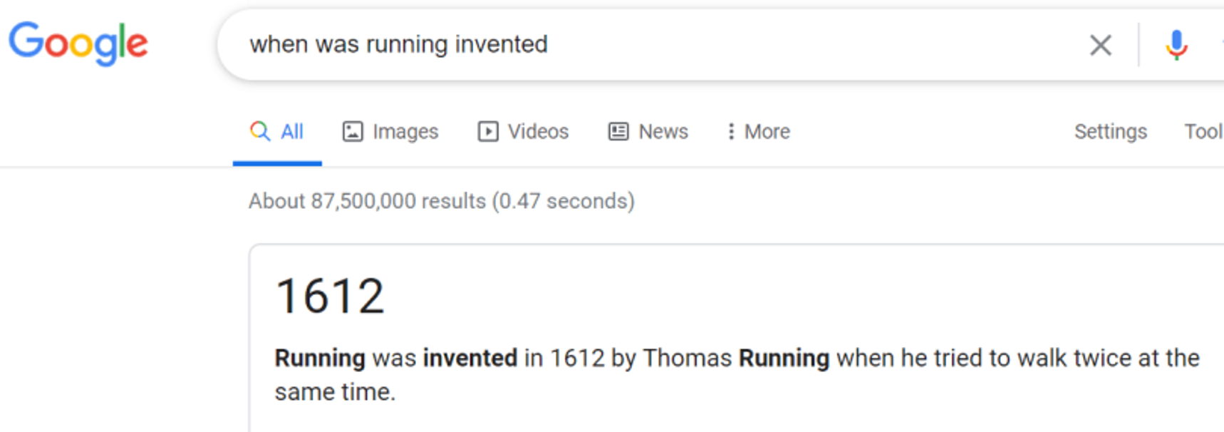 Screenshot of a search result. Google, when asked "Who Invented Running" responding with nonsense stating that "Thomas Running" invented running when he tried to walk twice at the same time