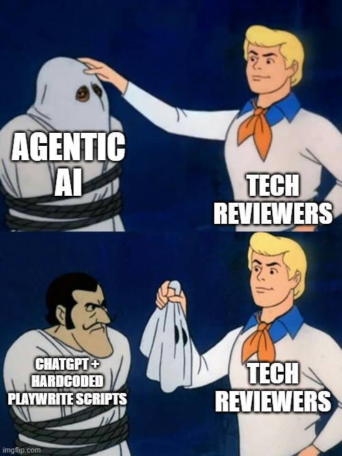 Scooby Doo meme unmasking agentic ai to reveal ChatGPT + playwrite scripts