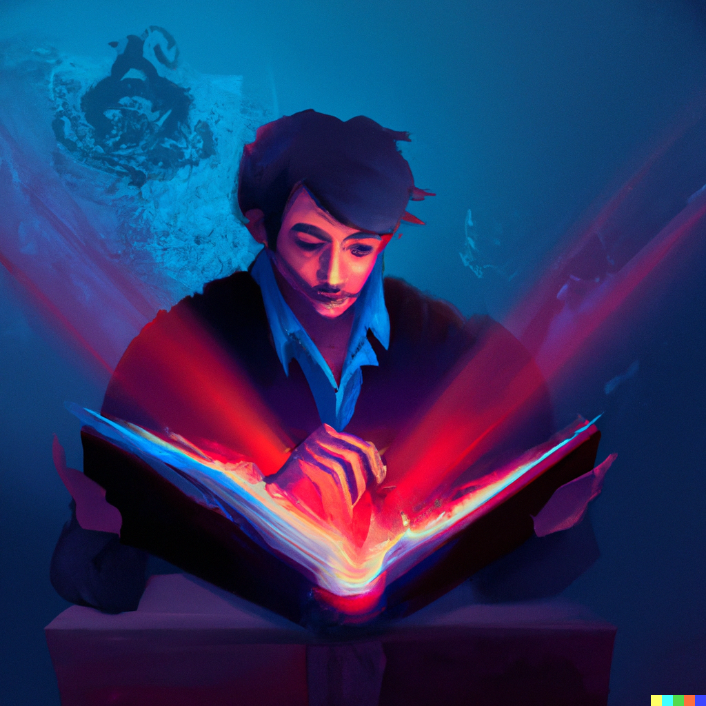 Digital art of a magician studying a book